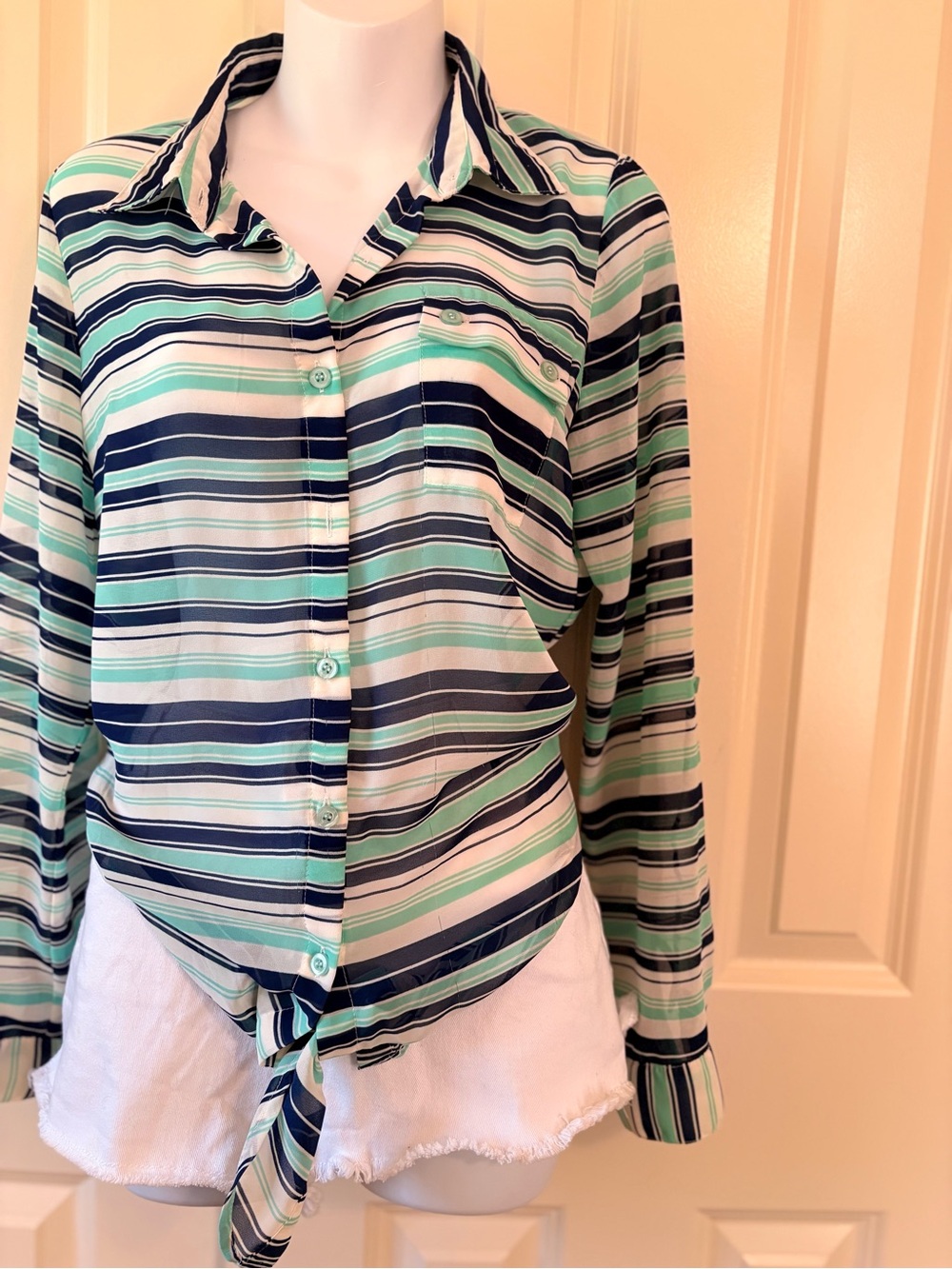 Striped Button-Front Tie-Hem Women's Shirt - Green & Navy, size M